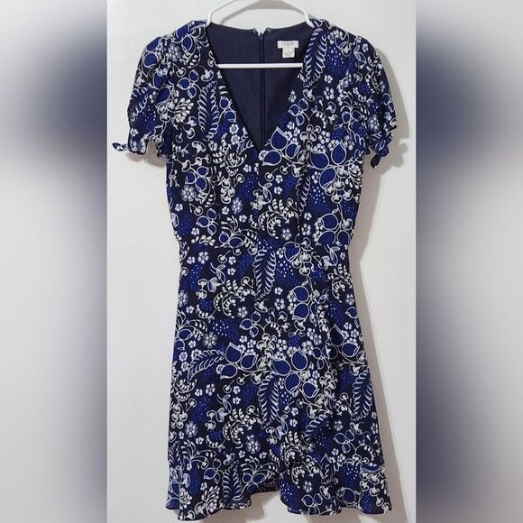 J.Crew Navy Royal Blue Floral Faux Wrap Ruffle Dress size  0 - Picture 4 of 5